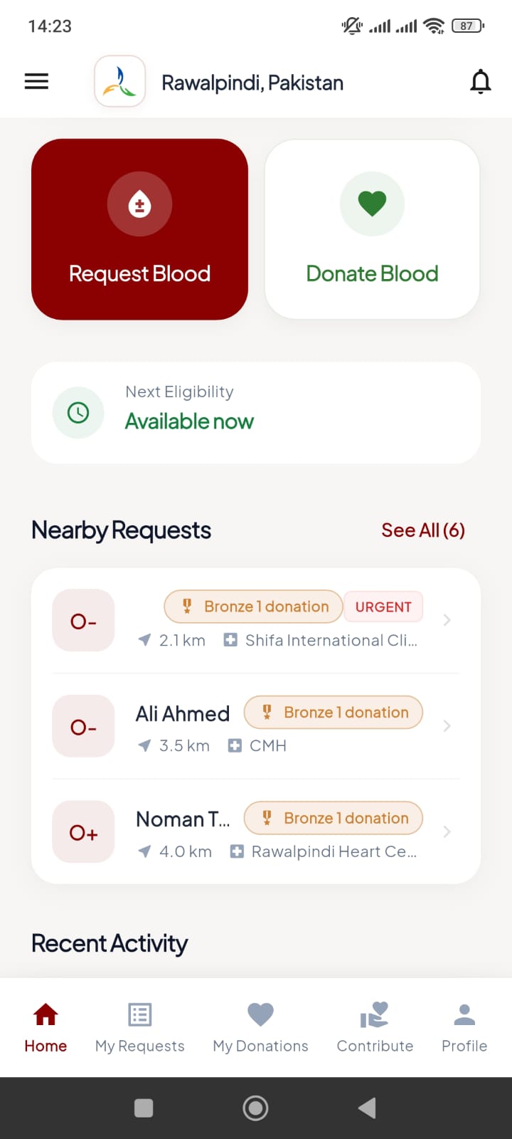 Blood Link Donor Dashboard showing Contribution Visibility