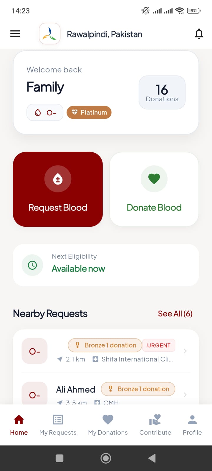 Blood Link donor dashboard